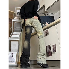 美式vibe毛边裤子高街破洞拼接微喇牛仔裤男款修身直筒双色鸳鸯裤，男装牛仔裤，星座506A