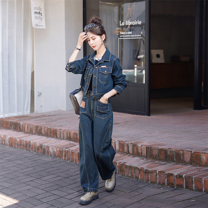 高端牛仔套装女春秋外套2025新款时尚宽松显瘦高腰阔腿长裤两件套,女装套装/套裙,秋水欣儿