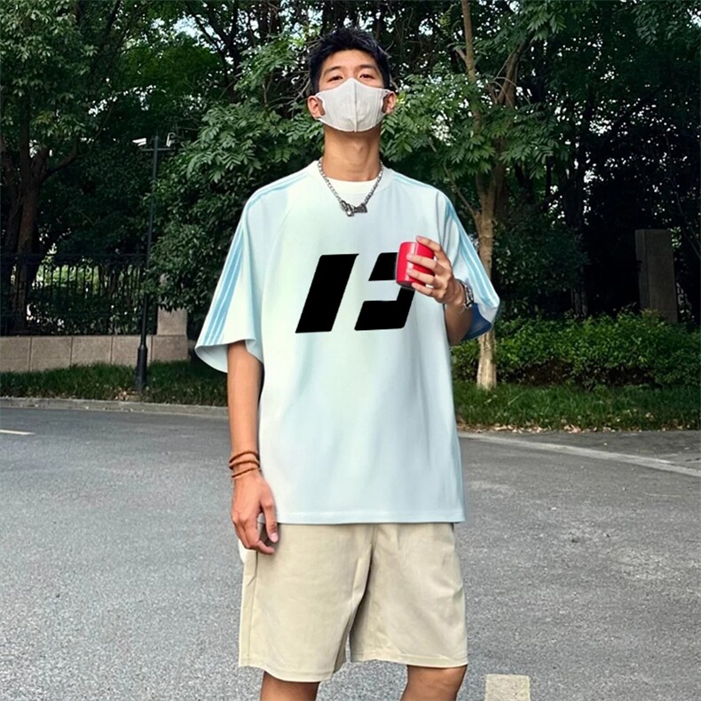 抖音得物品质二开240克宽松纯棉美式潮牌印花三条杠中性风短袖T恤,男装T恤,电商A486-1