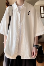 日系冰丝短袖衬衫男夏季薄款潮牌宽松大码衬衣港风休闲七分外套式，男装衬衫，电商B371