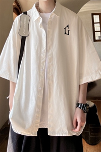 日系冰丝短袖衬衫男夏季薄款潮牌宽松大码衬衣港风休闲七分外套式图片