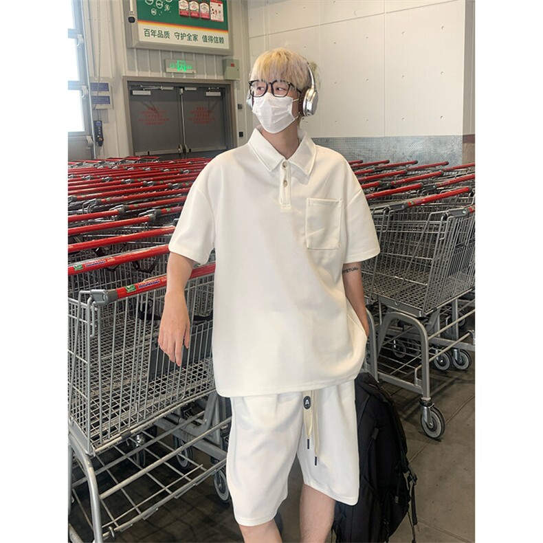 简约风套装男生夏季薄款翻领短袖休闲短裤运动潮牌宽松大码两件套,男装T恤,电商A007