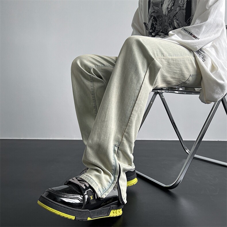 A062美式ins高街小众拉链牛仔裤泥黄色牛仔直筒裤K2317-P55，男装牛仔裤，电商A062