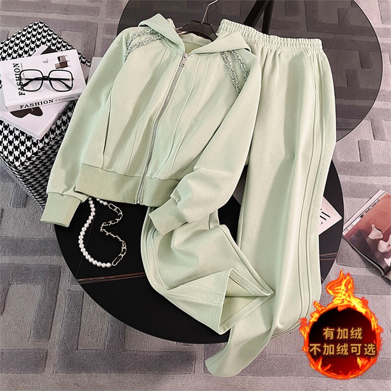 女秋拉链连帽开衫卫衣阔腿裤两件套潮,女装套装/套裙,江南