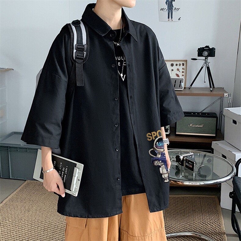 ！夏款港风冰丝衬衣男黑寸衫男白短袖衬衫男DXC285-P30,男装衬衫,电商B371