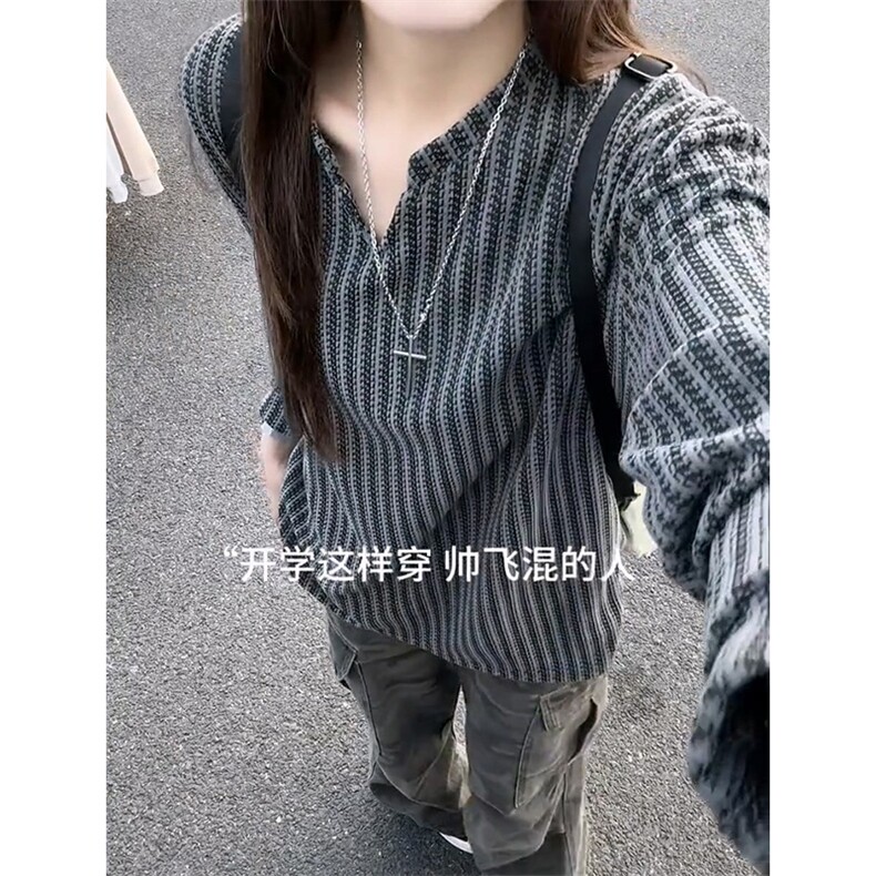 美式高街千鸟格子长袖T恤男女亨利V领英伦雅痞休闲宽松长袖打底衫,男装T恤,电商A486