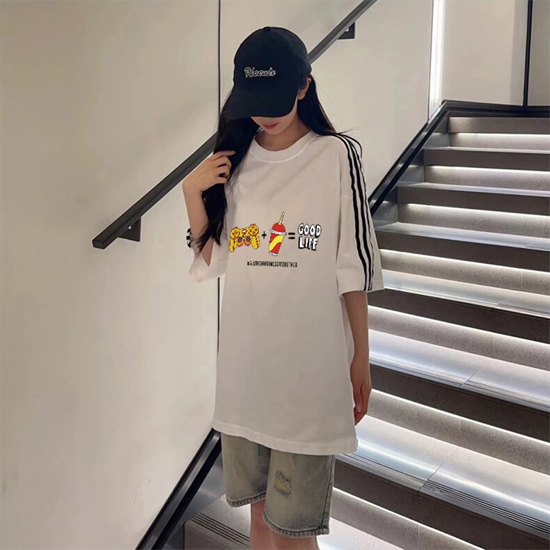 抖音得物高品质二开240克宽松纯棉美式潮牌三条杠织带短袖T恤,男装T恤,电商A486-1