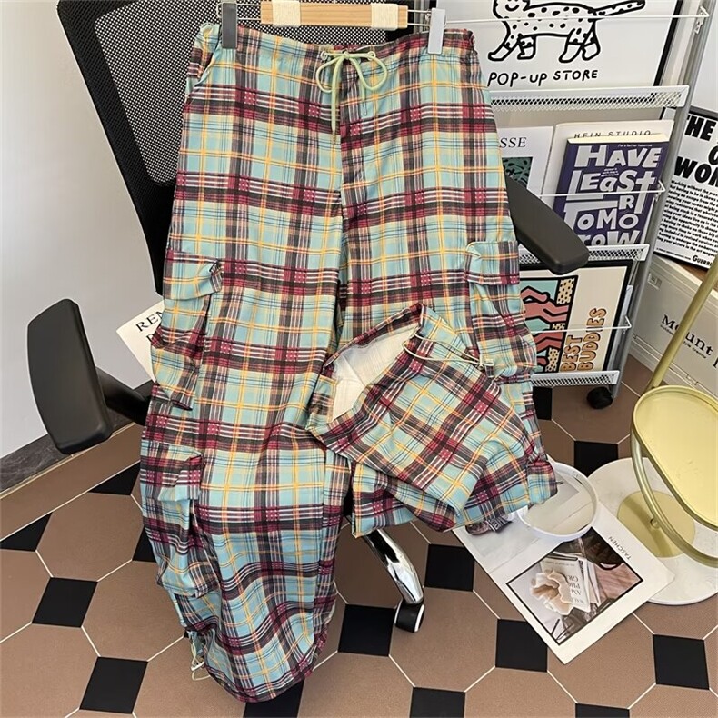 港风秋款男工装裤大口袋条纹格子抽绳休闲长裤HK083P53,男装工装外套,星座1013-1