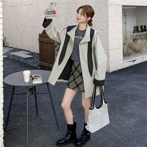 设计感小众格纹拼接风衣外套女春秋新款法式漂亮休闲小个子大衣潮图片