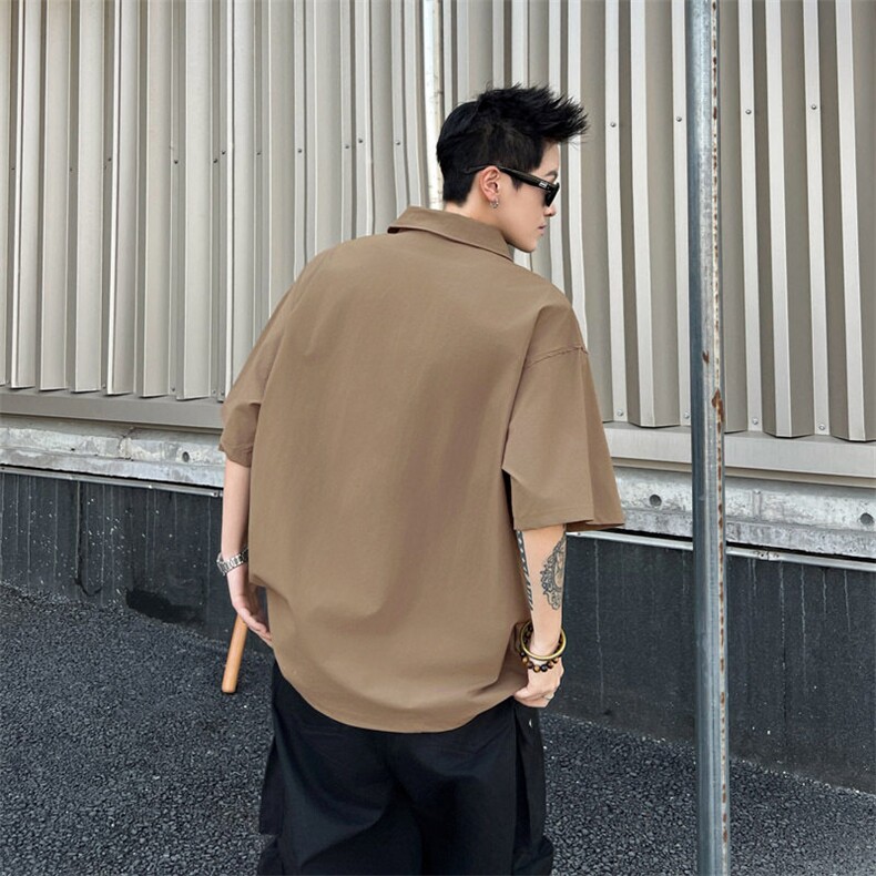 夏季新款半拉链翻领短袖男士潮牌口袋工装POLO衫宽松上衣,男装Polo衫,星座410-7