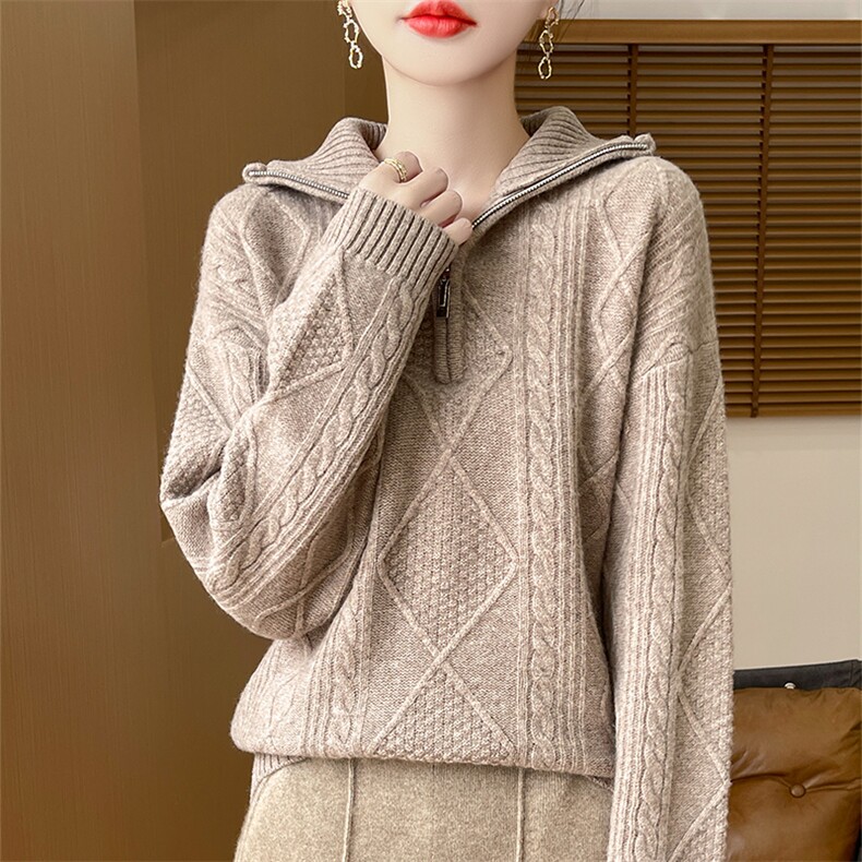 2024秋季新款半拉链扭花羊毛套头衫慵懒风，女装羊毛衫，优麦羊绒（原洪叶羊绒）