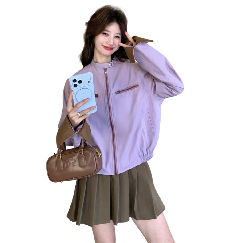 新款有货紫色拼皮夹克外套5508P145K218,女装短外套,2C176