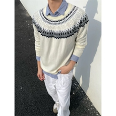 美式复古慵懒风费尔岛毛衫男款秋冬羊绒圆领插肩袖毛衣绞花针织衫，男装针织衫/毛衣，星座1008