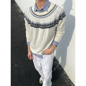 美式复古慵懒风费尔岛毛衫男款秋冬羊绒圆领插肩袖毛衣绞花针织衫图片
