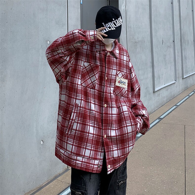 拼色设计感格子毛呢刺绣长袖衬衫男女宽松潮流春秋外套CS0011-P50,男装衬衫,星座308B-1