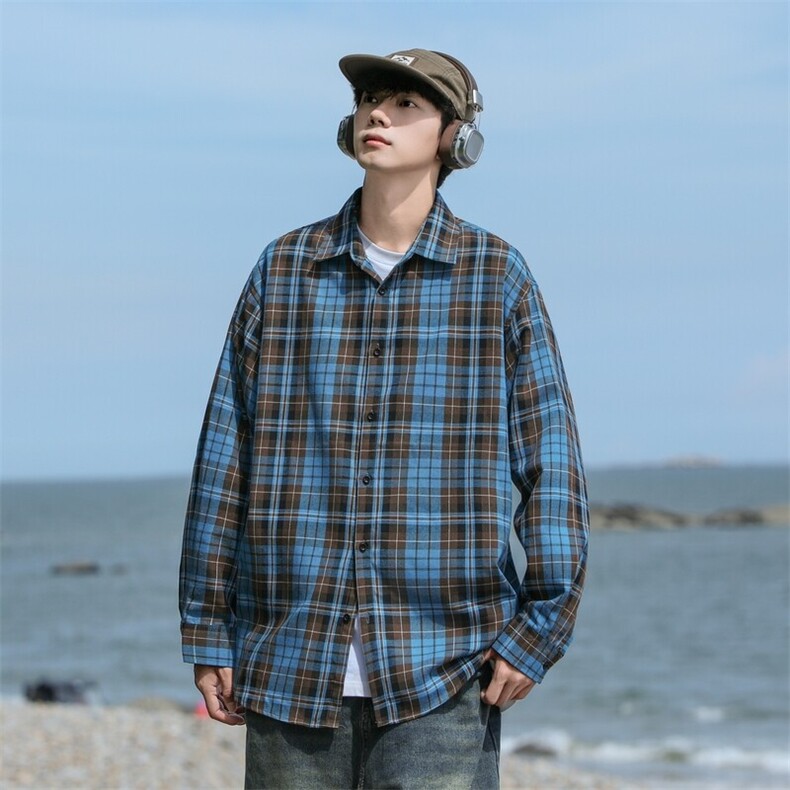 25年春季格子衬衫长袖大码宽松落肩现货DS-C323-1-2375-特批30,男装衬衫,电商C323-1