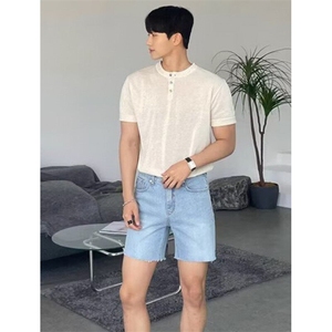 欧货半高领针织衫肌肉男硬汉紧身弹力短袖莫代尔条纹t恤 Z04图片
