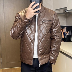 68708-P115菱形格高级感PU皮棉服男保暖防风机车棉衣宽松棉袄潮，男装皮衣，电商D310B