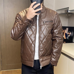 68708-P115菱形格高级感PU皮棉服男保暖防风机车棉衣宽松棉袄潮图片