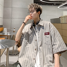XZ-221-1/CS02/P35夏季复古条纹男女情侣短袖衬衣外套，男装T恤，星座221-1