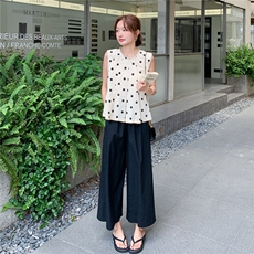 韩版波点系带收腰背心衬衫休闲裤套装女2025年夏季新款显瘦两件套，女装套装/套裙，2C272