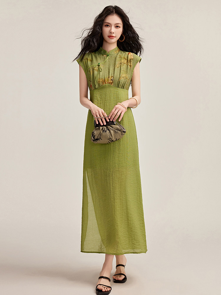 改良旗袍高腰连衣裙女夏季文艺复古显瘦气质女日常可穿过膝长裙,女装套装/套裙,宝儿家