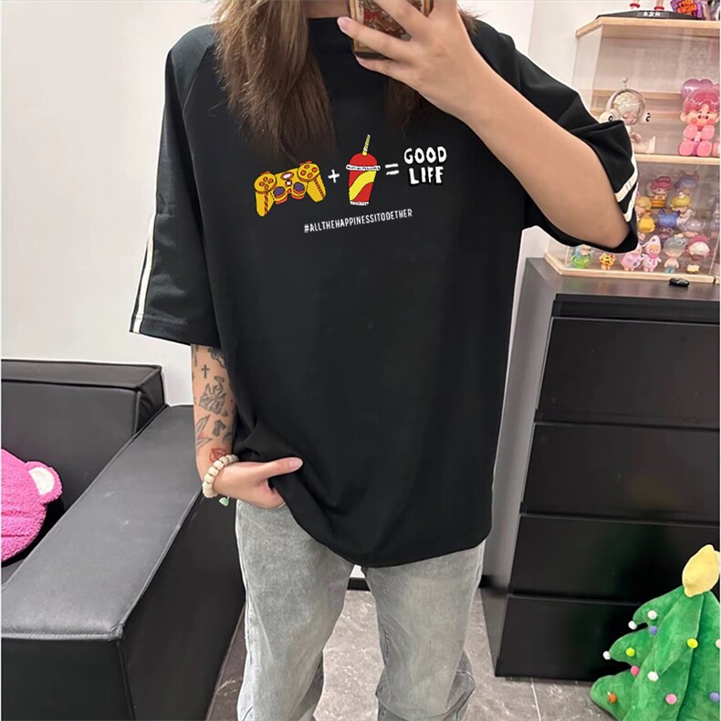 抖音得物高品质二开240克宽松纯棉美式潮牌三条杠织带短袖T恤,男装T恤,电商A486-1