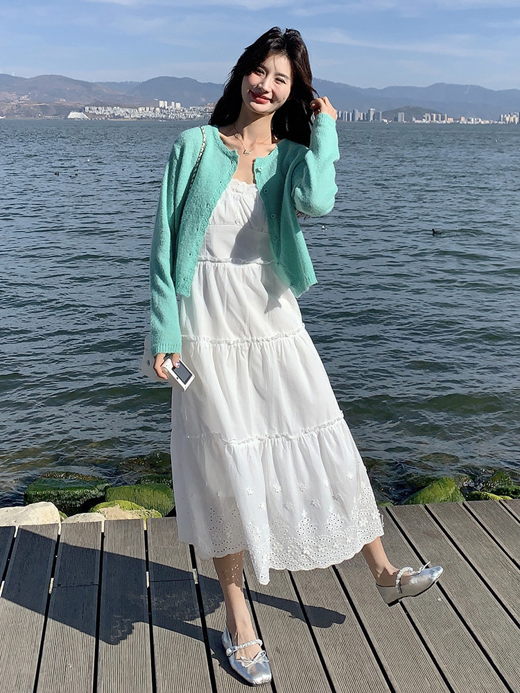 韩系甜美温柔针织开衫吊带连衣裙套装女春季欧若风夏日绝美小白裙,女装套装/套裙,3200格调