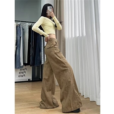 美拉德卡其色阔腿牛仔裤女夏季拖地工装高腰宽松显瘦直筒喇叭裤子，男装牛仔裤，星座1210-1