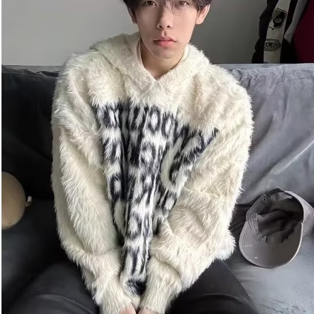美式连帽仿貂绒毛衣男秋冬款慵懒风潮牌字母提花毛茸茸针织衫外套,男装针织衫/毛衣,星座506A