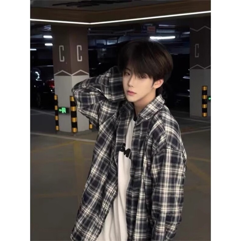 1014-1-WF02-P38-美式复古格子衬衫男秋季潮牌vibe高街长袖衬衣,男装衬衫,星座1014-1