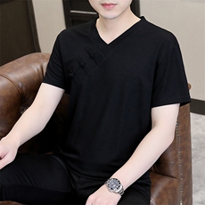风2026夏季纯棉盘扣绣短袖T恤唐装大码男士小衫XF6501-P45，男装T恤，星座1105-3