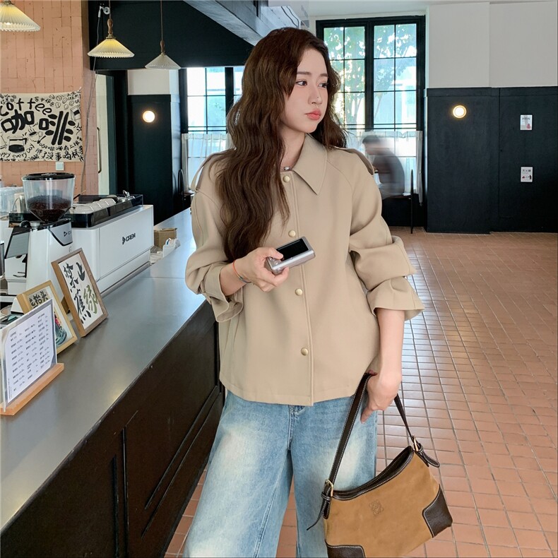 新品卡其色短款风衣小清新外套1C045-H8305P155K218,女装风衣,红龙果