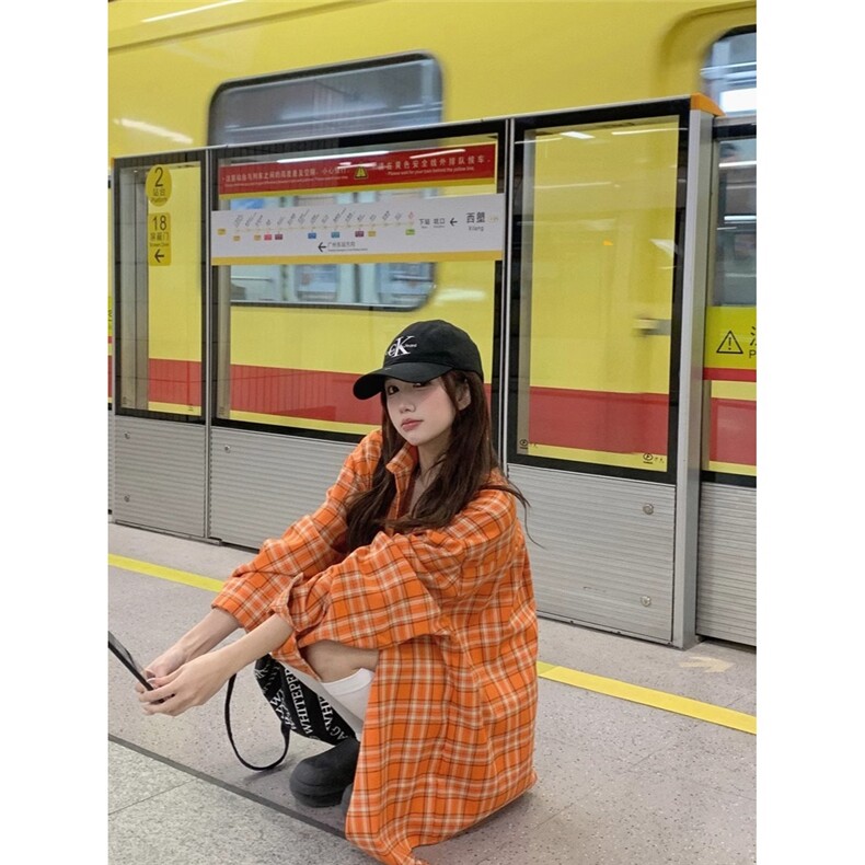 美式复古橙色格纹防晒衬衫女2026春夏装宽松薄外套上衣MCS17,男装防晒衣,星座208-5