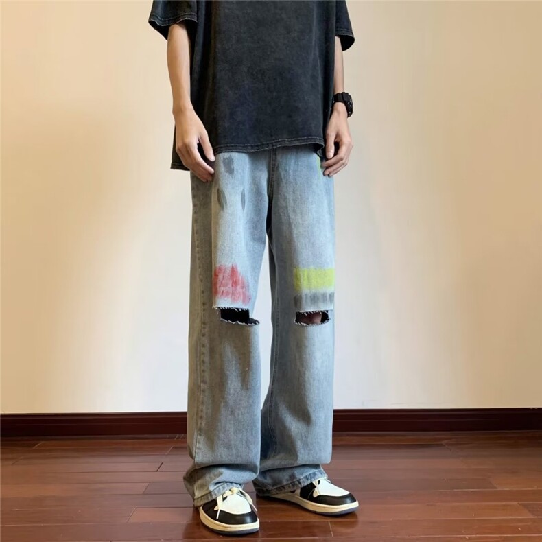 美式破洞牛仔裤男手绘个性高街帅气2024夏季ins宽松长裤NK919-P45,男装牛仔裤,星座1109-3