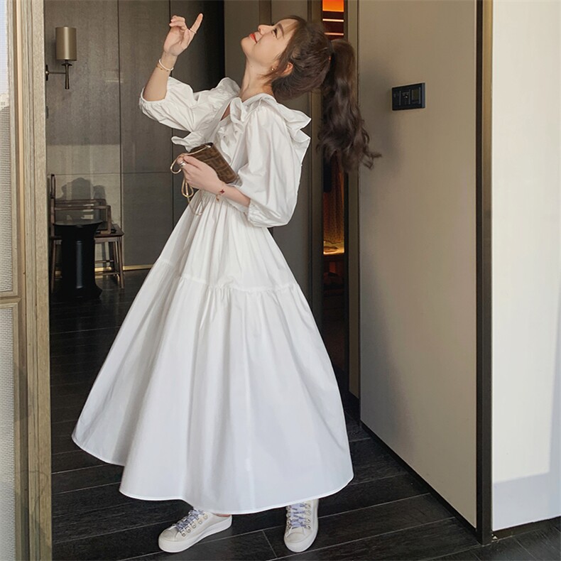 白色泡泡袖设计感棉麻休闲连衣裙女2025夏季新款法式收腰显瘦裙子,女装连衣裙,浙宝276（原081）