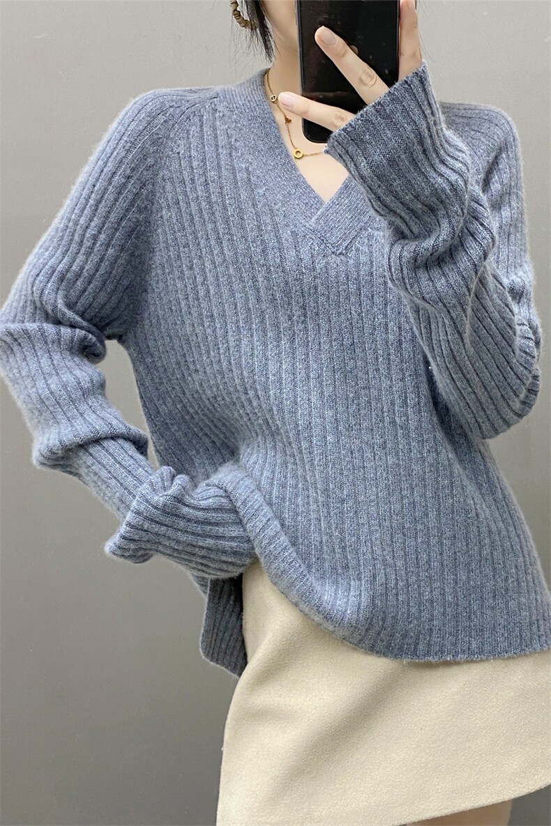 24新品5针3股前短后长V领山羊绒加厚保暖羊绒衫宽松时尚,女装羊绒衫,织绒羊