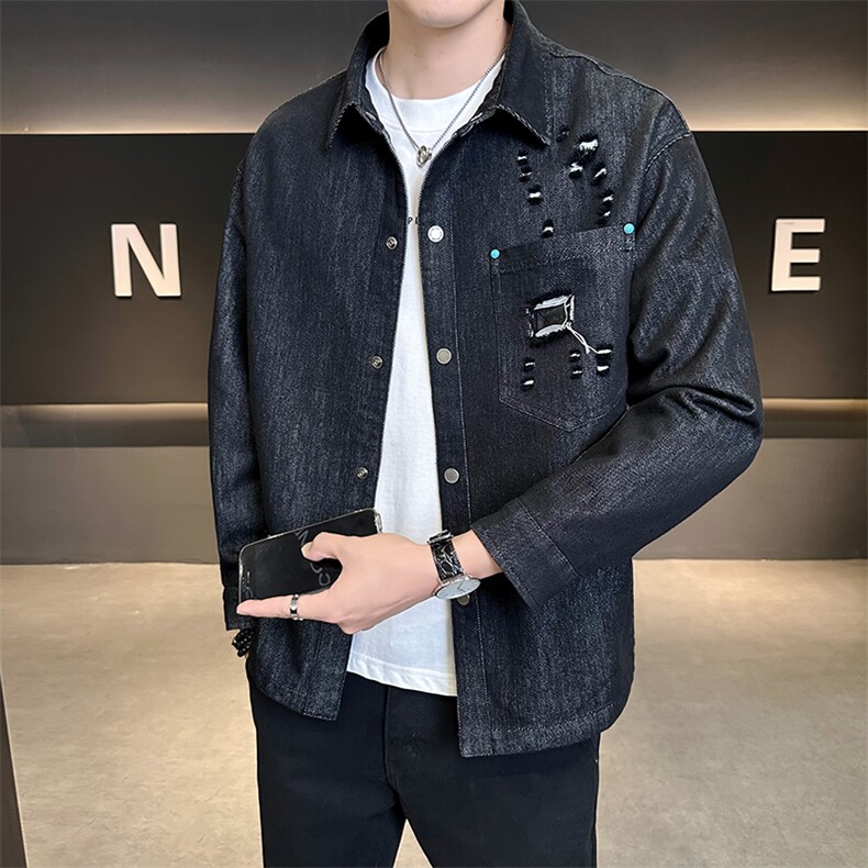 B3533351P108黑秋季新款男士牛仔夹克韩版潮流修身百搭外套,男装夹克,电商B353