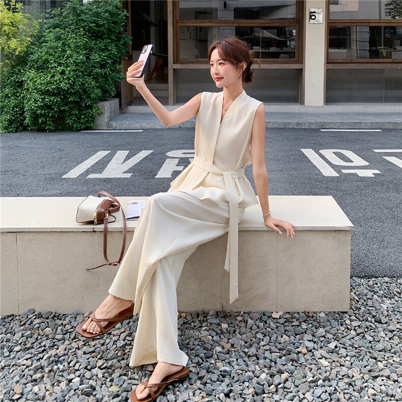 新款现货主推夏季无袖气质套装女老钱风阔腿裤清冷感韩系两件套,女装套装/套裙,网红馆