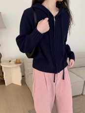 开衫女圆领纯色秋冬新款百搭外套连帽拉链羊毛针织上衣，女装羊毛衫，思途羊绒