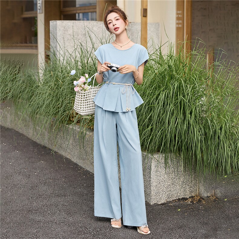 爆款夏装流行穿搭一整套女2025新款时尚套装收腰显瘦阔腿裤两件套,女装套装/套裙,布芭啦