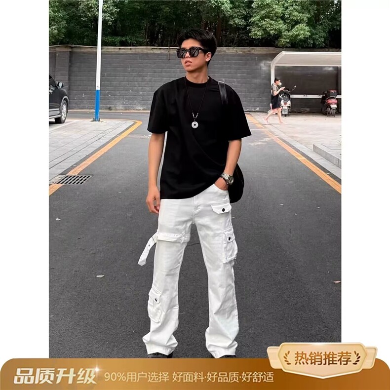 白色美式高街工装牛仔裤男秋季修身vibe绑带裤子显高显瘦微喇长裤图片