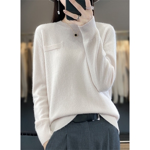 秋冬新款100%纯羊毛衫女圆领假兜长袖羊绒衫宽松针织毛衣内搭打底图片