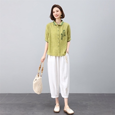 高端时尚刺绣翻领短袖苎麻套装女2025夏季新款休闲洋气妈妈两件套，女装套装/套裙，凝聚力