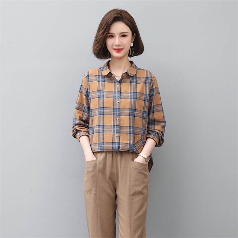 格子衬衫外套女春秋2026年新款大码宽松中年妈妈翻领休闲纯棉上衣,女装衬衫,独衣靓