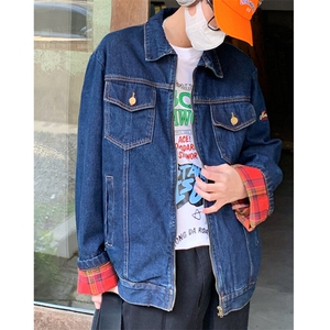 美式复古格纹拼接牛仔外套男女休闲宽松百搭工装夹克潮JK1166-P78图片