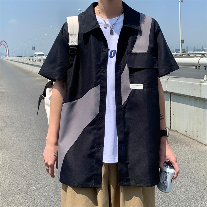 货足7XL-M美式拼接垂感短袖衬衫男夏季新款胖子宽松衬衣加肥加大,男装衬衫,钱塘717(原712)