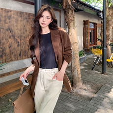 复古蒙德拉灯芯绒咖色西装外套2024春秋女高级感宽松休闲百搭上衣，女装西装，浙宝281