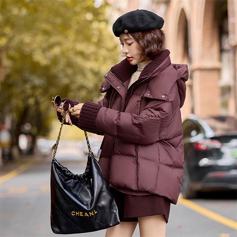 安哥拉红毛绒拼接羽绒服女加厚冬装新款连帽面包服小个子厚外套,女装羽绒服,梦懿尔