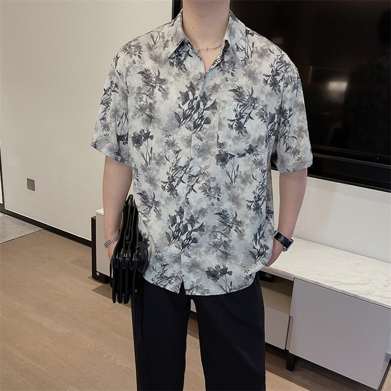 夏季新款免烫风短袖花衬衫男高级感痞帅宽松半袖衬衣潮0253-P53,男装T恤,电商B267